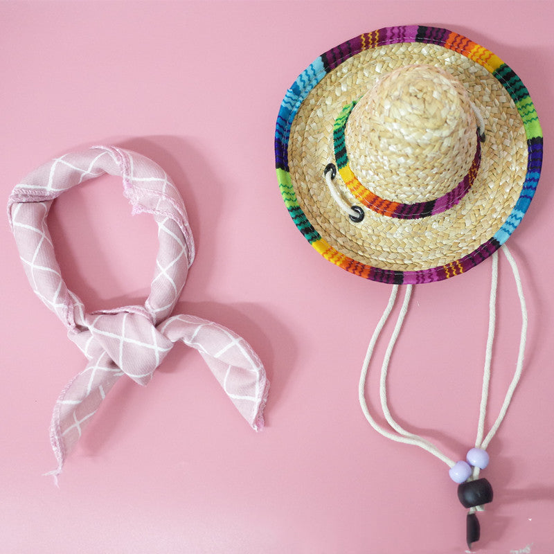 Pet Straw Sun Hat with Scarf – Summer Hat for Dogs & Cats