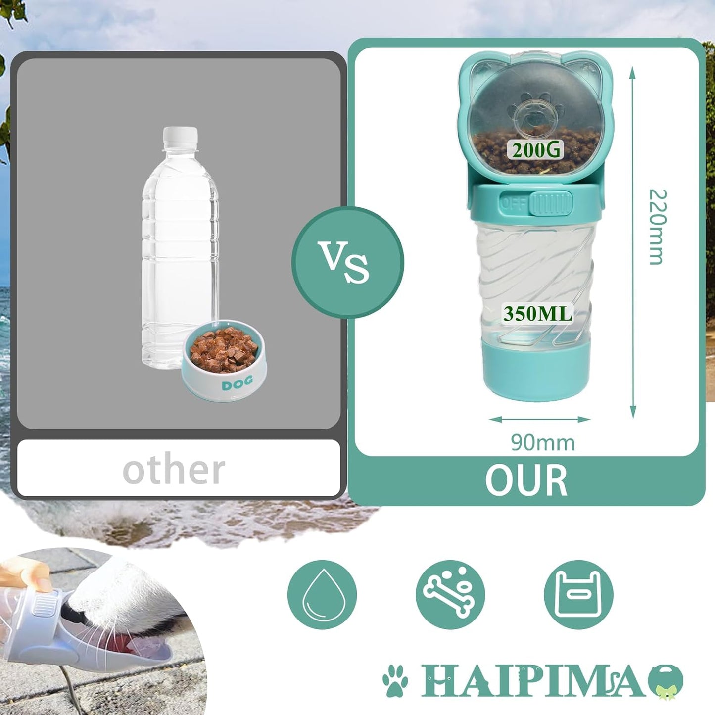 3-in-1-Trinkflasche für Haustiere – Futter-, Wasser- und Kotbeutel für Hunde und Katzen